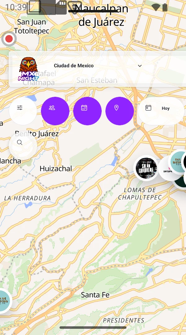 Experiencia móvil de MX Night con mapa de lugares y filtros de eventos en Ciudad de México